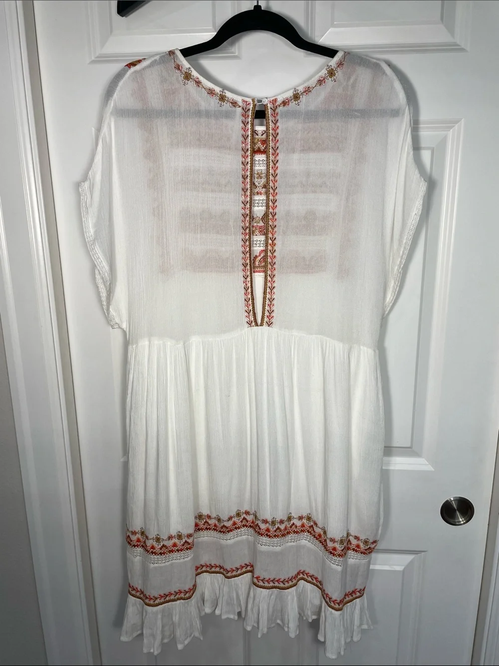 Free People Sunrise Wanderer Mini Dress Large Multi Embroidery Ruffle Crinkle